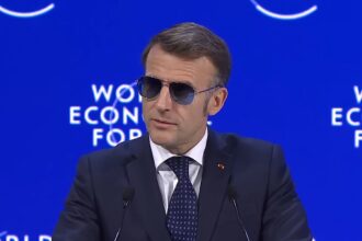 French President Emmanuel Macron speaking at the World Economic Forum 2026