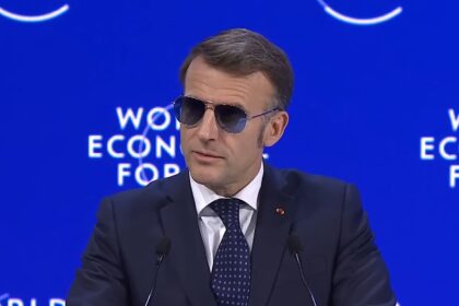 French President Emmanuel Macron speaking at the World Economic Forum 2026