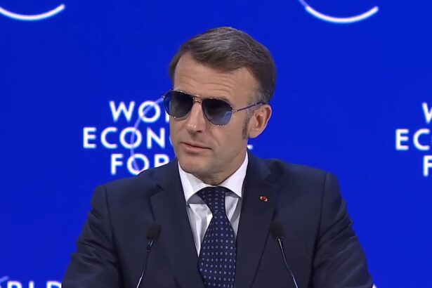 French President Emmanuel Macron speaking at the World Economic Forum 2026