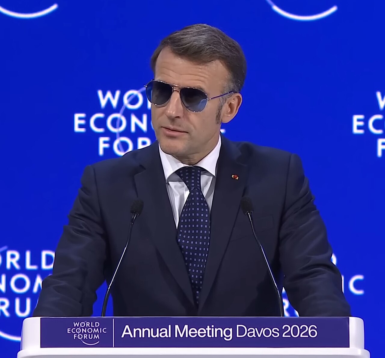 French President Emmanuel Macron speaking at the World Economic Forum 2026