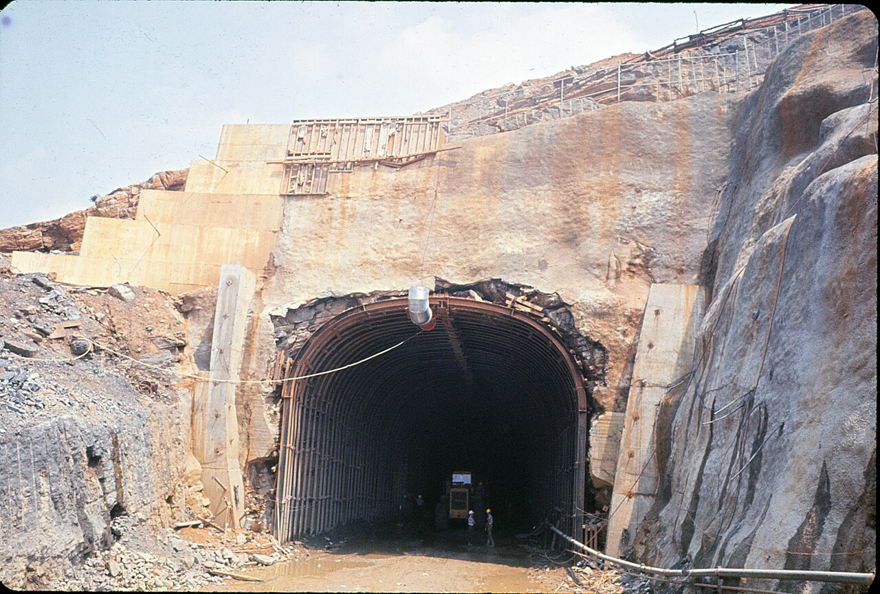 Dam construction showing intake tower