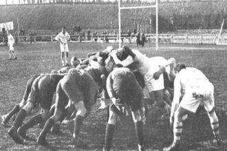 Rugby players in a scrum during a match