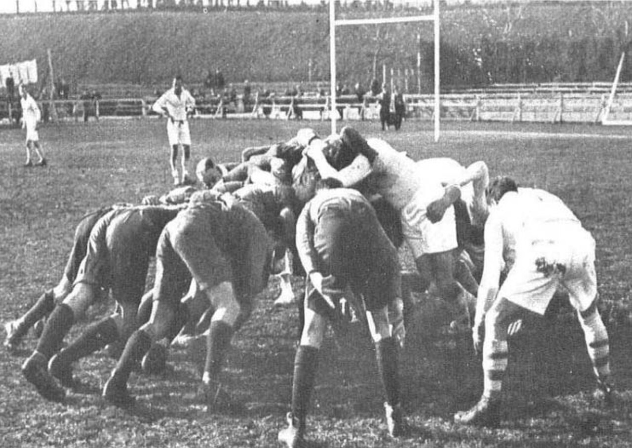 Rugby players in a scrum during a match